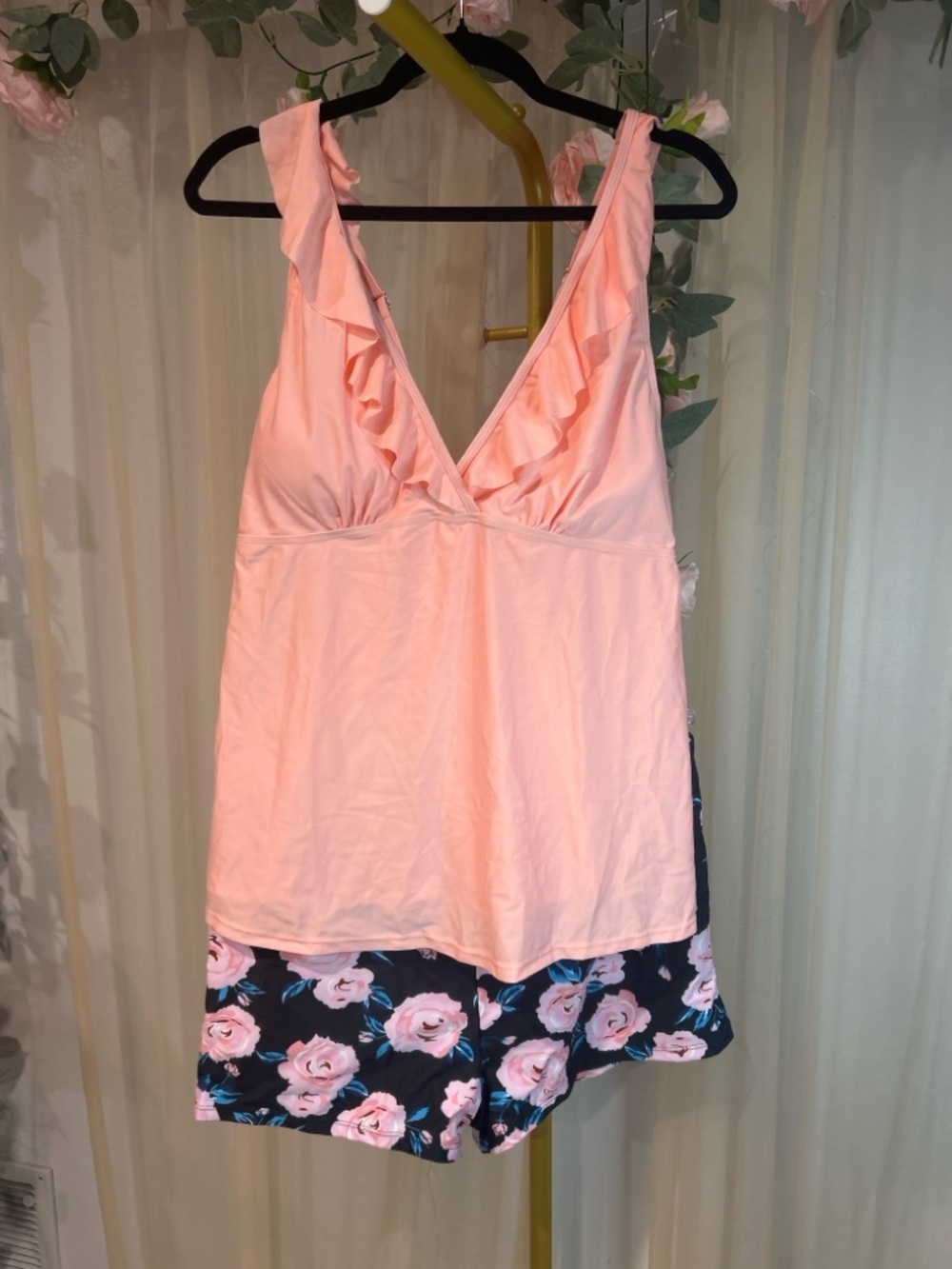 Pink Ruffle Tankini Set Plus Size 4XL Floral Shorts Adjustable Straps